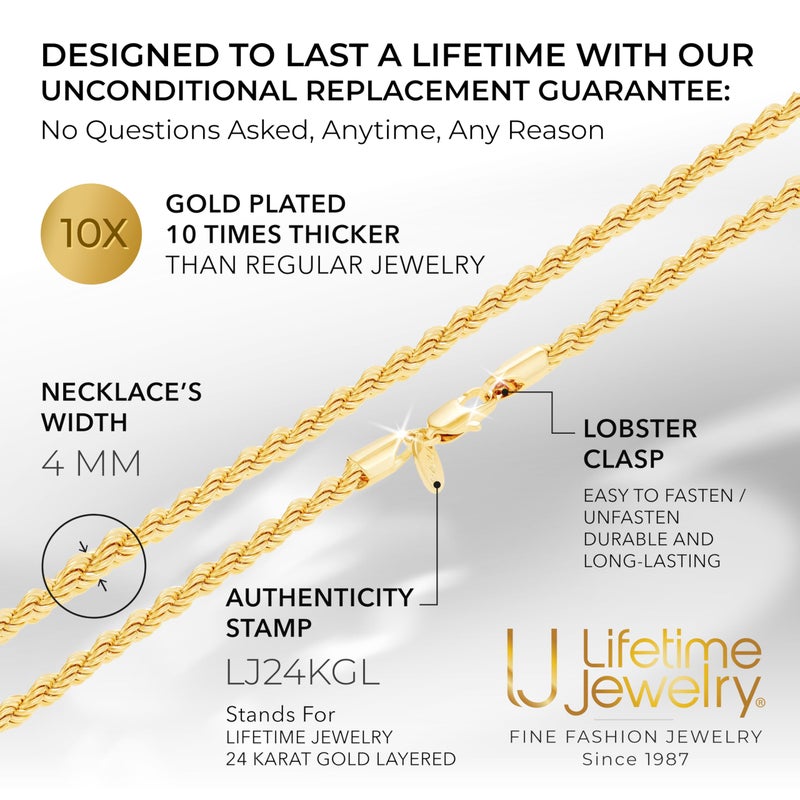 LIFETIME JEWELRY 24k Real Gold Plated 4mm Rope Chain Necklace Diamond Cut Gold Chain for Men Women (16 inches, Gold Plated) - Image 5